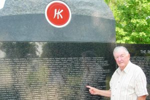 3201 Austen Cambon pointing to his brother's name on the Memorial Wall. Kenneth Cambon served as a rifleman with the Royal Rifles of Canada, at Hong Kong, December, 1941.   