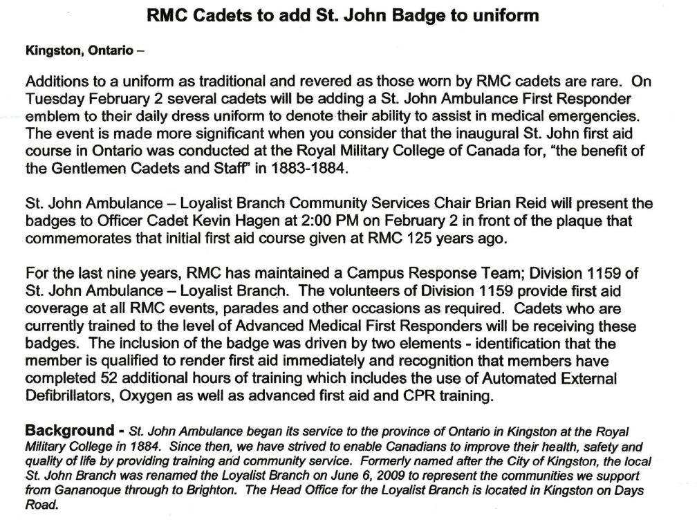 RMC cadets to add St. John badge to uniform