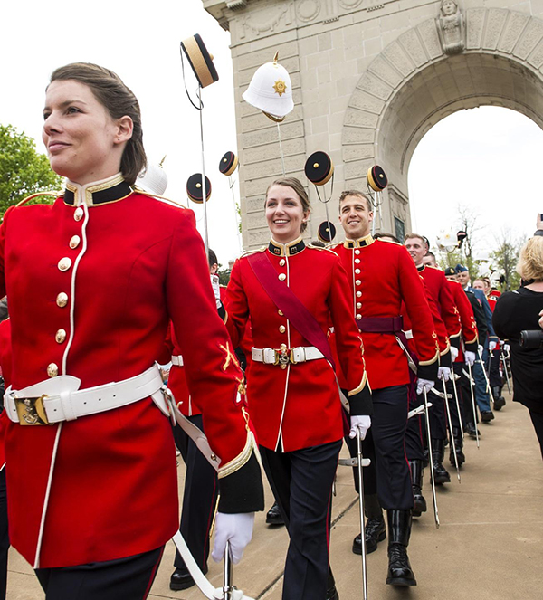 Officer Cadets of Royal Military College of Canada march through the Memorial Arch upon graduation. Royal Military College of Canada (RMCC) Commissioning Parade. Reviewing Officer General Tom Lawson, Chief of Defence Staff. 15 May 2015 at RMCC, Kingston, On.