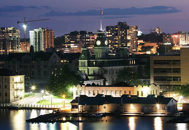 "Kingston, Ontario, Canada at night.  The Royal Military College of Canada is in the foreground."