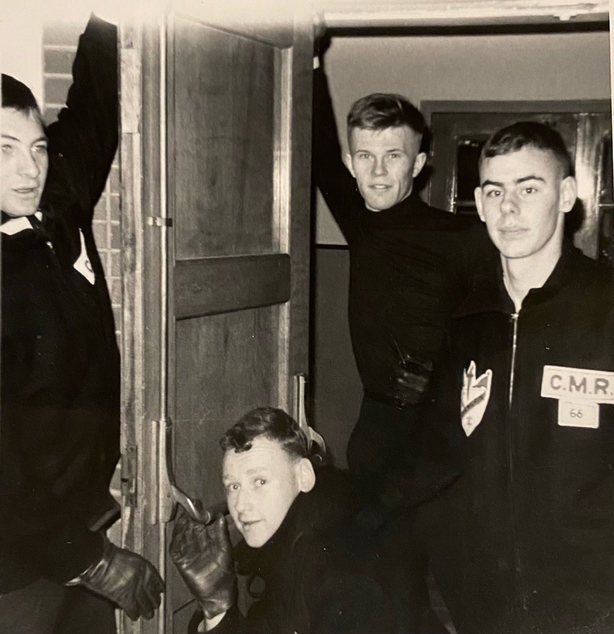 The following was taken during an early raid on Maisonneuve Squadron.  The assembled raiders from Champlain Squadron are: C.V.A. Colin Browne, D.W. Brady (I am not certain after sixty years!), J.F. John Clayton and T.S. Terry McCoy.