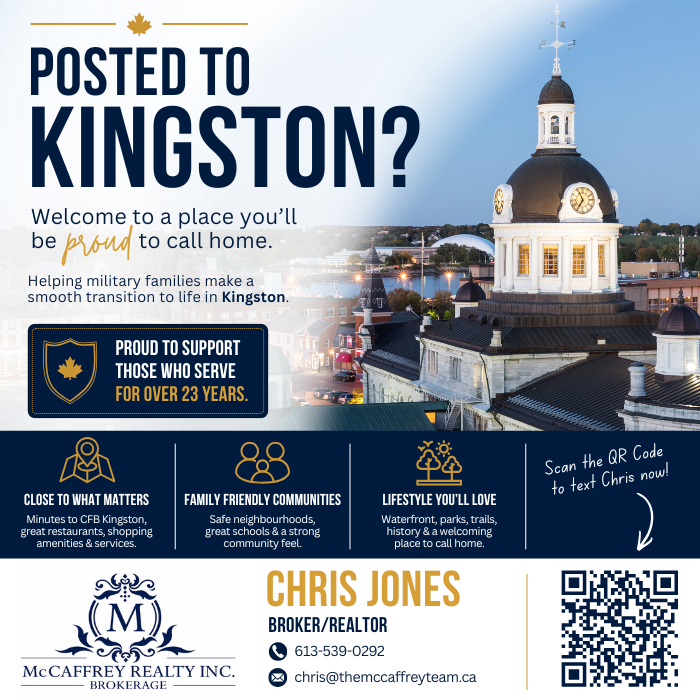Advertisement: Real estate services by Chris Jones, McCaffrey Realty, helping military families relocate to Kingston.