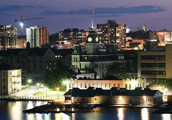 "Kingston, Ontario, Canada at night.  The Royal Military College of Canada is in the foreground."